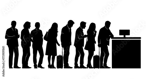 Silhouetted Queue of Individuals Waiting in Line at a Counter - Travel & Service Concept