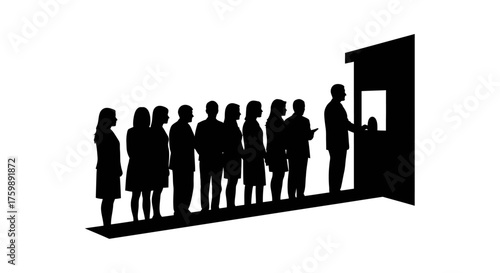 People standing in a queue at a service window in silhouette, representing waiting