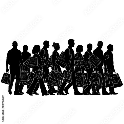 Shoppers Carrying Shopping Bags in Silhouette A Crowd Purchasing Goods and Products