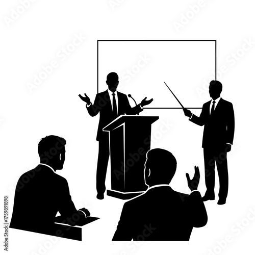 Business Presentation A Silhouette of Speakers, Audience and a Whiteboard in Action