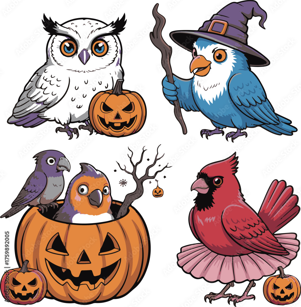 Obraz premium Four cartoon birds with pumpkins and Halloween elements Jacko lantern vector illustration EPS file download. 