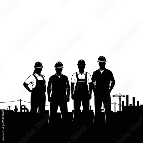 Construction Crew Silhouette Workers and Builders Standing Together on a Construction Site