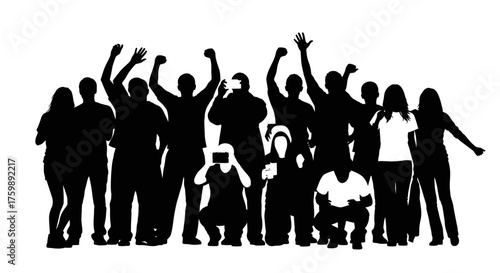 Silhouettes of diverse individuals cheering and celebrating as a crowd or group