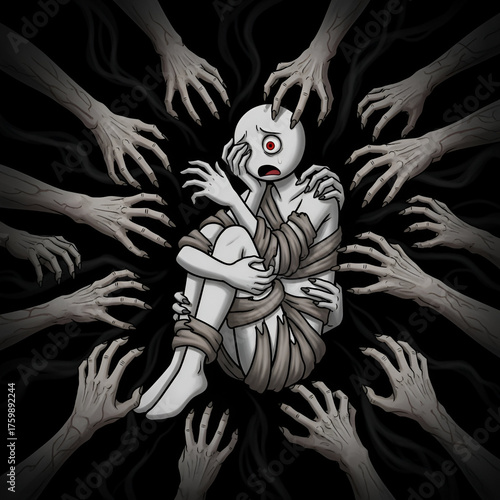 A person wrapped in bandages, overwhelmed and surrounded by numerous reaching hands in a dark, eerie setting, symbolizing fear and being trapped