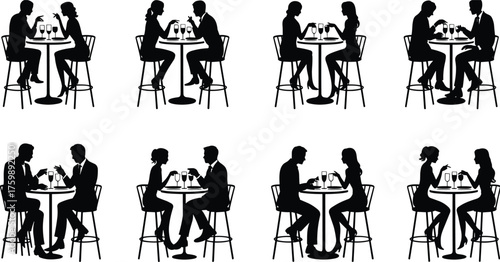 Couples sitting silhouettes, bar table interaction, black figures, social setting, white background, minimal design, romantic gesture, drink scene, conversation posture, lifestyle concept