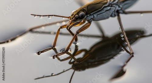Macro view of a water strider insect with iridescent water droplets on its legs gliding gracefully across a calm water surface