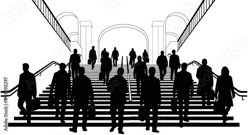 Silhouetted Commuters Ascending and Descending Staircase in Urban Environment
