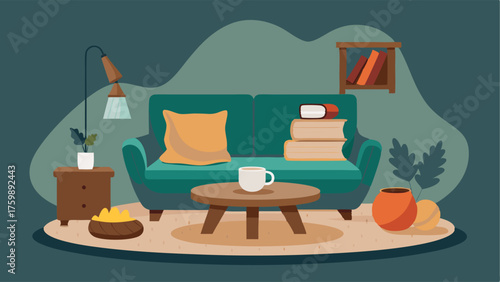 A cozy reading nook with a mix of plush seating and natural wood accents such as a live edge coffee table.