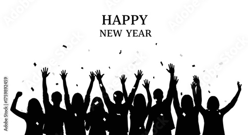 Happy New Year Celebration Silhouettes of Joyful People Raising Hands with Confetti