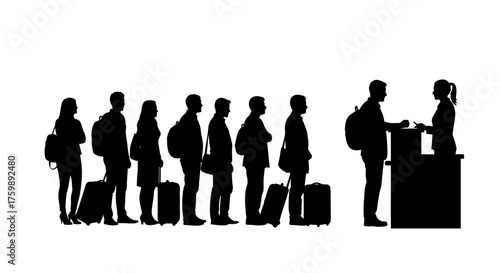 People in line at airport check-in counter Silhouettes of travelers and staff