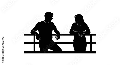 Silhouette of a couple standing together, looking at each other, leaning on a railing