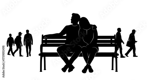 Silhouette of a Romantic Couple on a Bench, Surrounded by People, Black and White