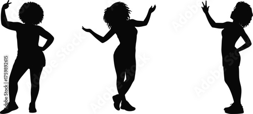 Expressive silhouette poses, curly hair figure, black design, gesture variety, standing posture, peace sign, white background, minimal style, body language, emotion