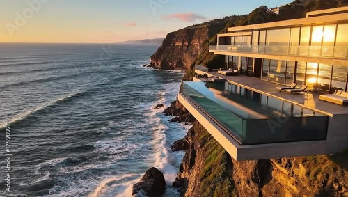Modern luxury house perched on cliff overlooking the ocean at sunset