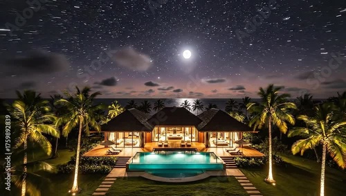 Luxurious Villa in Tropical Paradise at Sunset with Lush Vegetation