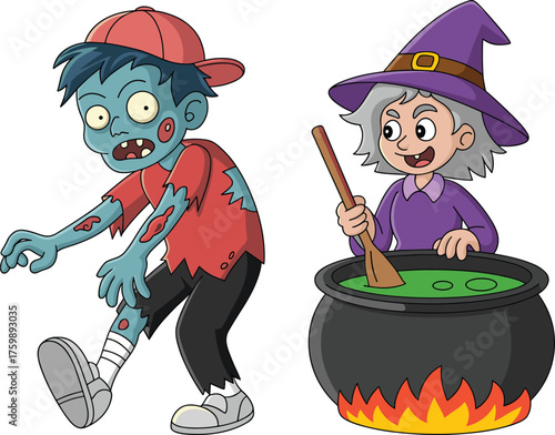 Halloween cartoon characters, zombie with red cap, witch stirring cauldron, spooky scene, fantasy costume, fire flames, green potion, white background