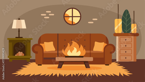 A cozy den area with a leather sofa a faux fur rug and a fireplace for a cozy vibe.
