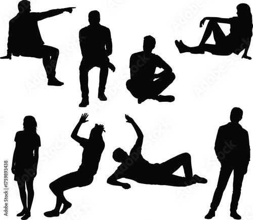 Human posture silhouettes, seated and standing poses, reclining figure, body language, black shapes, white background, gesture study, art reference, design element
