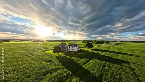 Scenic Aerial View of a Farmhouse Surrounded by Lush Green Fields