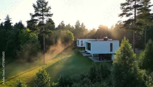 Modern Minimalist House Surrounded by Lush Green Forest at Sunrise