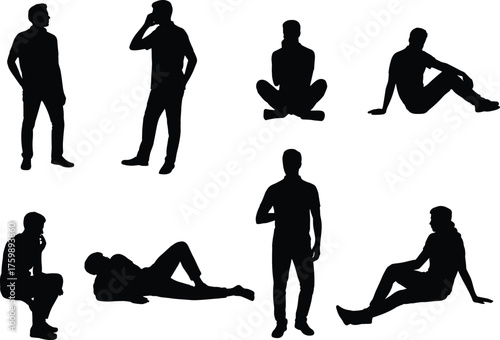 Human silhouette poses, sitting and standing, black figures, posture variety, white background, minimal design, gesture study, lifestyle concept, body language, casual activity