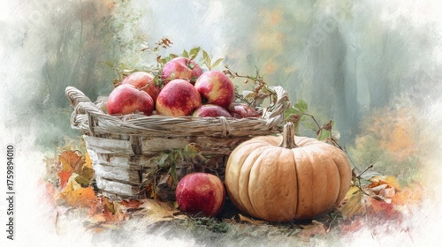 Autumn harvest still life apples pumpkin and wicker basket composition