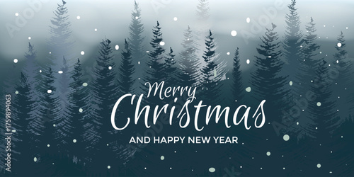 Merry Christmas and happy new year banner. Forest, shadow, text. Vector illustration