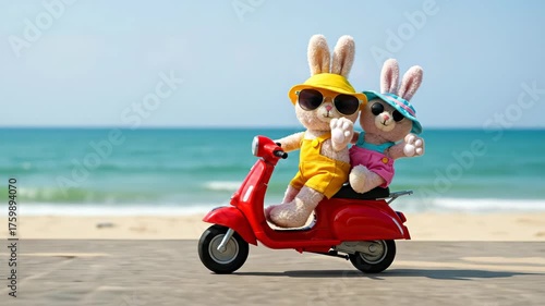 Two cute rabbits wearing hats and sunglasses sitting on a red scooter on the beach, summer holiday trip footage
