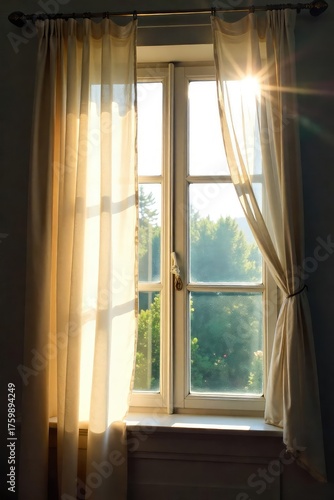 A slightly open window with a gentle breeze blowing sheer curtains inward, sunlight streaming through the glass pane, creating a feeling of escape and freedom , interior, sunlight