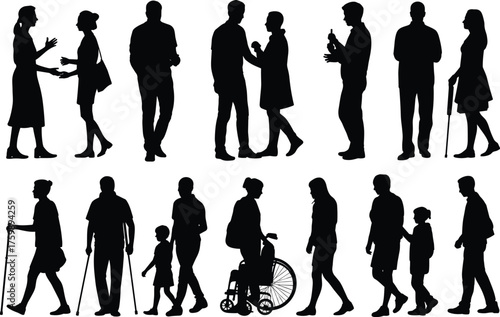 Inclusive people silhouettes, everyday interaction poses, mobility aid figures, diverse human activity, black and white design, social connection, minimal illustration
