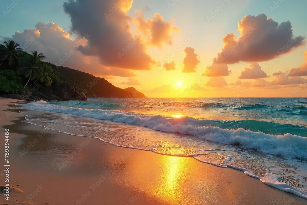 Fototapeta premium Golden sunset over a pristine Costa Rican beach, soft sand, turquoise waves gently lapping the shore Perfect tropical escape, idyllic scenery , landscape, serenity, summer