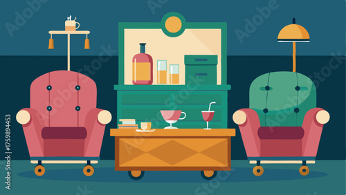 A cozy den with a mix of vintage velvet club chairs a retro bar cart and a vintage trunk serving as a coffee table.