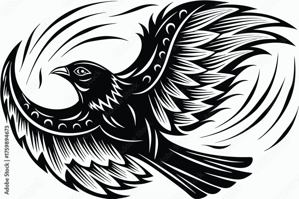 Obraz premium Stylized eagle soars with patterned feathers against a white backdrop, showcasing dynamic movement