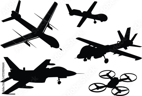 Military drone silhouettes, fighter jet icons, aerial vehicle collection, reconnaissance aircraft shapes, quadcopter drone set, aviation technology vector, isolated black design