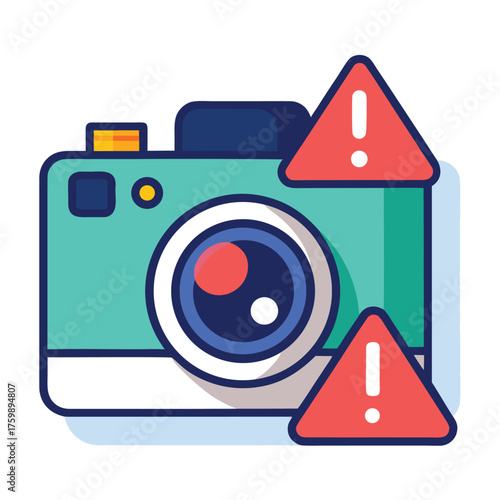Modern Camera with Detection Frame and Digital Alert Sign Vector Icon on White Background – Colorful Flat Icon, Security, Surveillance, AI Monitoring, Apps, Websites, and UI Design