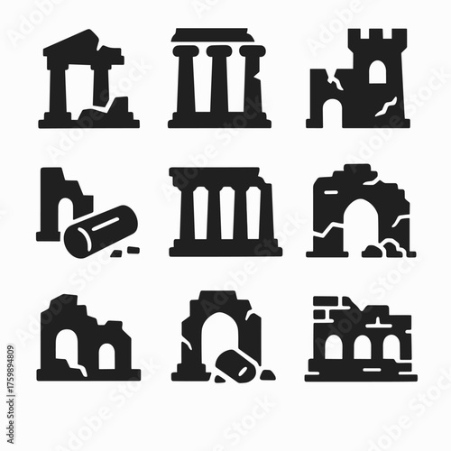 Ancient ruins icons. Solid, filled icon set of ancient ruins structures