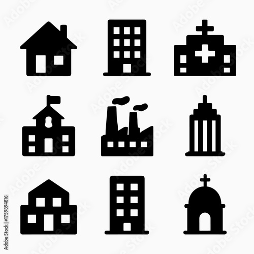 Building typology icons. Solid, filled icon set of building typology models: residential unit, office tower, school campus. Vector 