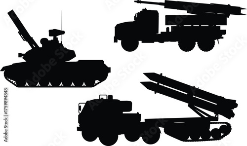 Military vehicle silhouettes, missile launcher and artillery icons, black combat equipment vector set, war machine illustration, isolated defense design elements
