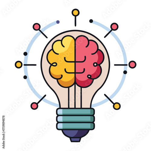 Light Bulb with Brain Circuit Vector Icon on White Background – Colorful Flat Icon, AI, Innovation, Technology, Smart Ideas, Apps, Websites, and UI Design