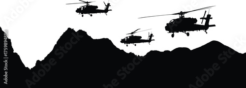 Military helicopter silhouette scene, black aircraft flying over mountains, dramatic vector illustration, isolated war operation design, tactical aviation landscape graphic