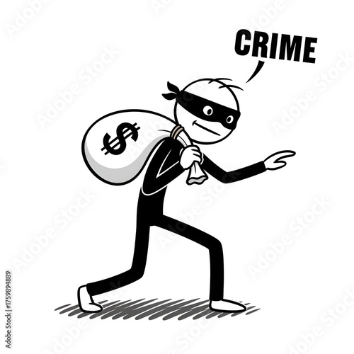 Stylized stick figure character depicted as a masked burglar carrying a money bag, representing concepts of theft, financial crime, and illegal actions
