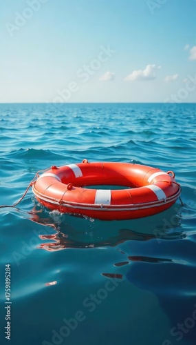 A brightly colored life raft bobbing gently on calm ocean waves, partially submerged, suggesting a recent rescue or safe arrival , marine, maritime