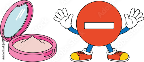 No entry cartoon character, makeup compact illustration, red face symbol, cosmetic restriction theme, anthropomorphic design, fun concept, white background