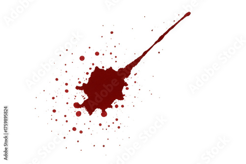 Red blood splattering, messy bloodstain with flying droplets and long trail on transparent background