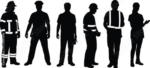 Occupational silhouettes, work uniforms, professional roles, firefighter, police officer, technician, construction worker, safety gear, black figures, white background, career diversity