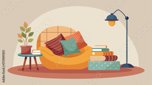 A cozy reading corner with a plush floor cushion a woven basket filled with blankets and a vintage floor lamp.