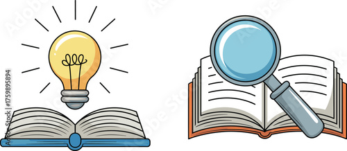 Open book illustration, glowing idea bulb, magnifying glass research, study concept, knowledge symbol, reading analysis, black and white design, minimal style