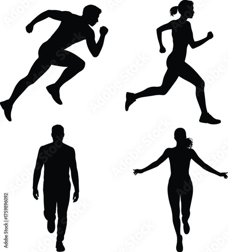 Running and walking silhouettes, athletic movement, black figures, dynamic posture, white background, minimal design, fitness concept, body mechanics, sports activity, motion study