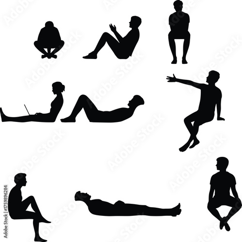 Seated and reclining silhouettes, human posture, ergonomic poses, black figures, white background, gesture study, body language, art reference, physical activity, design