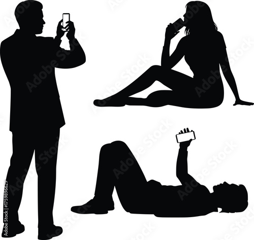 Smartphone usage silhouettes, mobile activity, standing pose, seated call, lying posture, black figures, white background, digital behavior, tech lifestyle, screen interaction